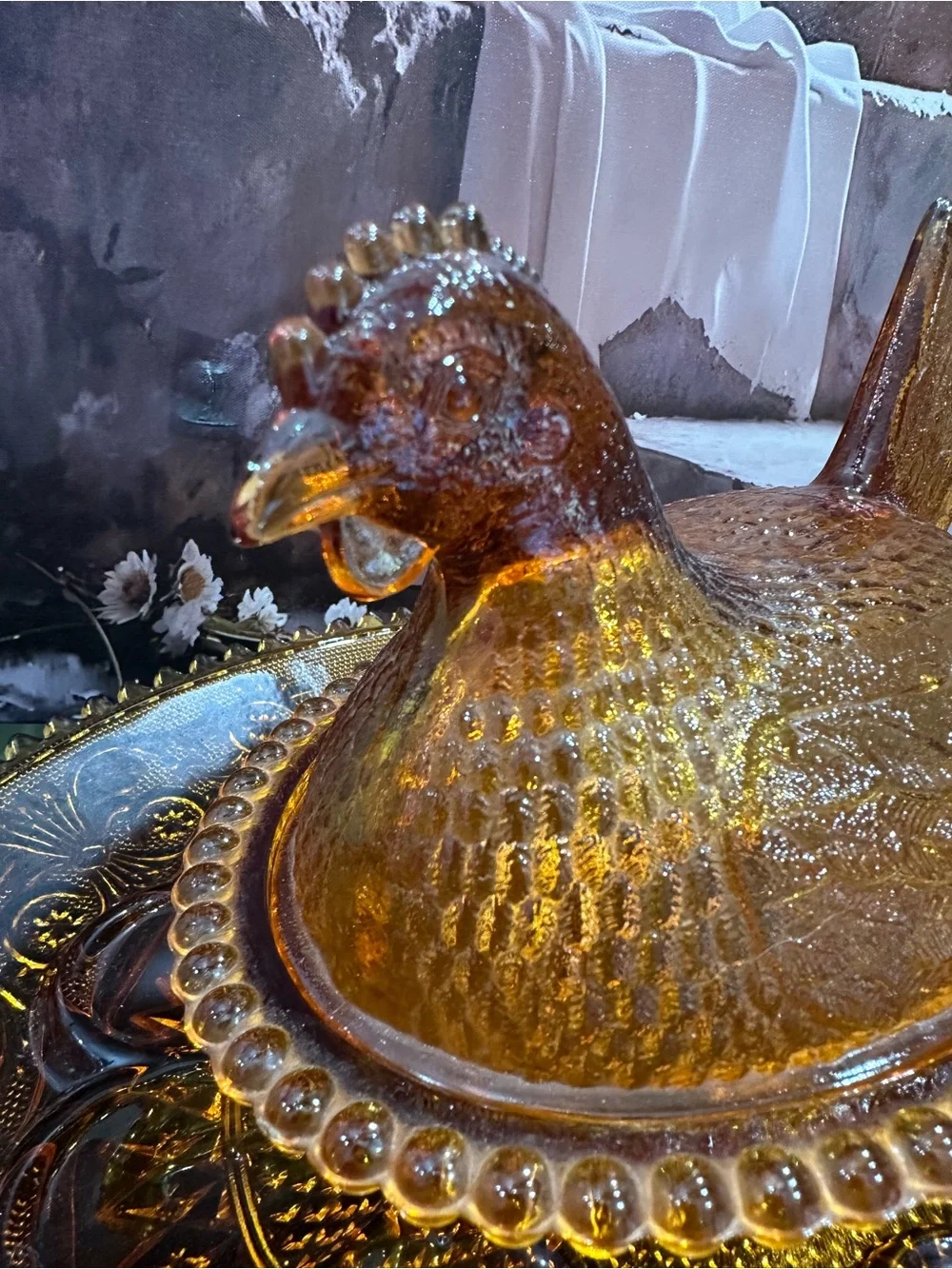 Amber Indiana Glass Hen On Nest w/ Amber glass Tiara pattern deviled egg  plate